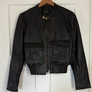 Moda International Black Leather Jacket with Gold Buttons